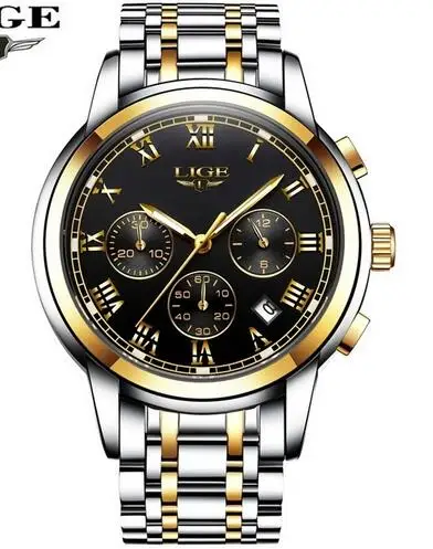 Gold black LIGE, новинка, часы для мужчин, люксовый бренд, хронограф, мужские спортивные часы, водонепроницаемые, все стали, кварцевые, мужские часы, Relogio Masculino+ коробка - Цвет: Gold black