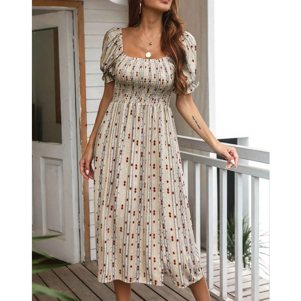 

Square Collar Summer Women Maxi Dress Contrast Color Striped Printed Puff Sleeve Holiday Elegant Long Split Dresses 2021 New