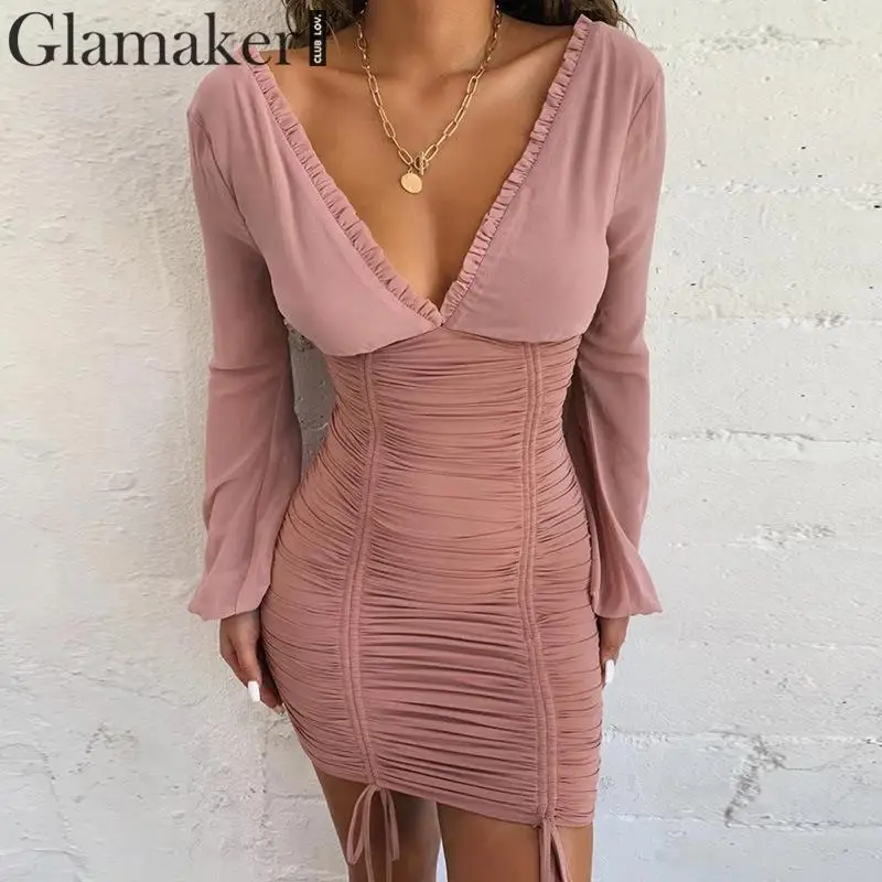 Glamaker облегающее платье в стиле пэчворк с рюшами и v образным вырезом длинным