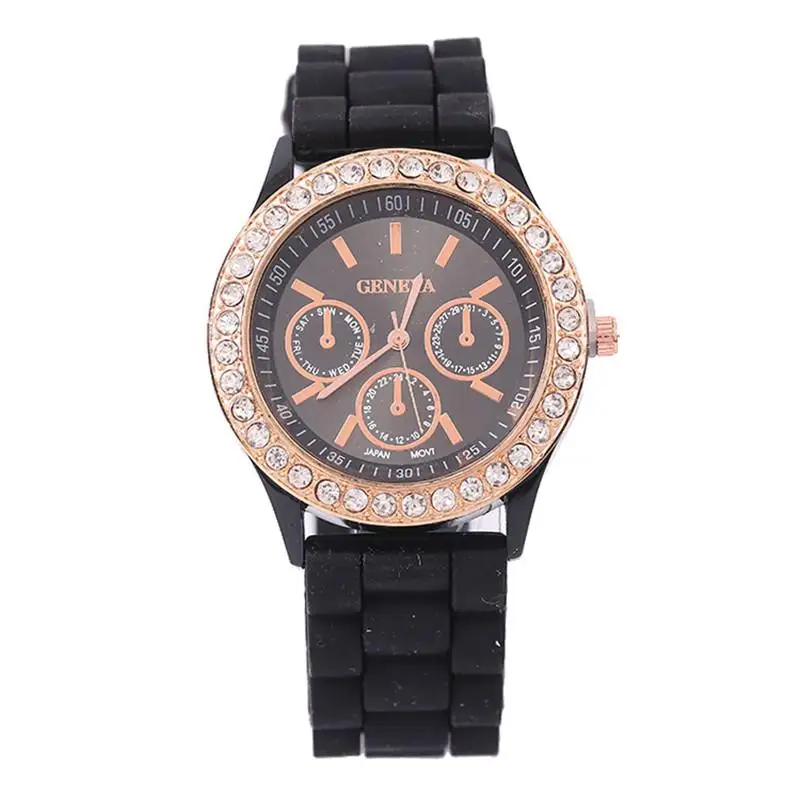2020 Женева стразы силиконовый ремешок черные женские кварцевые часы модные