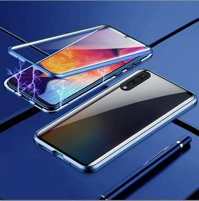 Синий Роскошный Магнитный чехол для samsung Galaxy A50 a50 металлический каркас Doubl стекло в рамке крышка GalaxyA 50 защитный чехол для телефона - Цвет: Синий