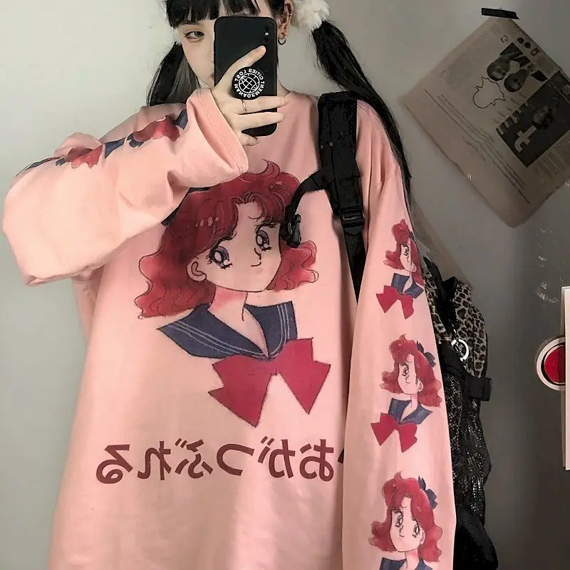 

2021 Autumn New Long-sleeved T Shirt Women Female Student Cartoon Anime Print Korean Version Harajuku Trend Vintage Streetwear