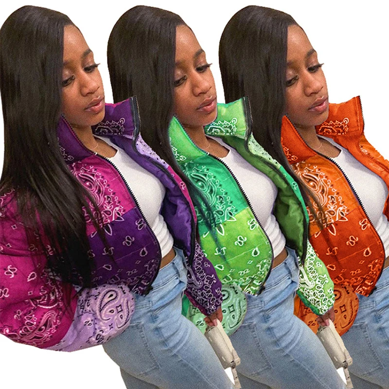 Bandana Coat Paisley Printed Bubble Jackets For Women 2020 Winter Fashion Warm Parkas Casual Zipper Up Puffer Outerwear S-XXL