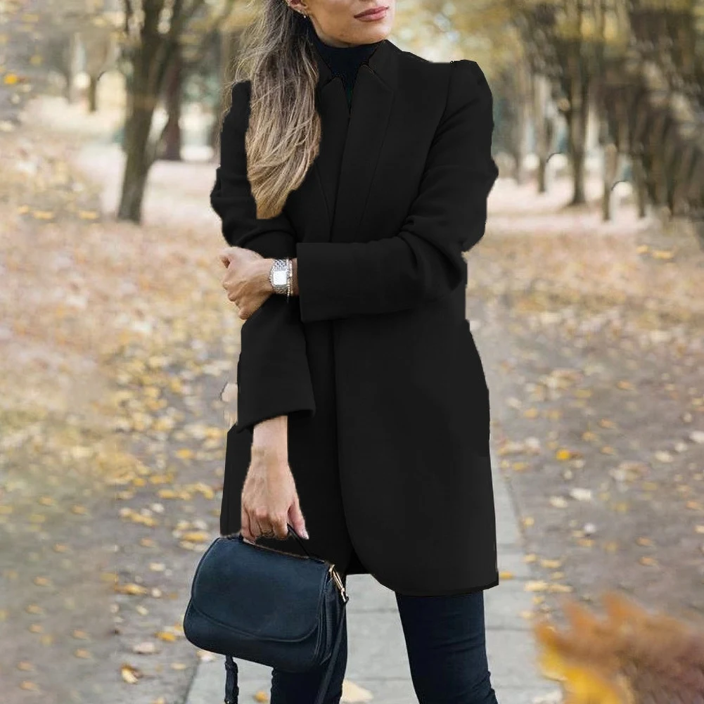 

Fashion Women Jacket Coats Autumn Winter Solid Long Sleeve Jacket Stand-up Collar Faux Wool Coat Office Ladies Overcoat Clothes