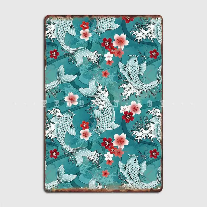 

Koi Sakura Blossom In Turquoise Metal Plaque Poster Wall Pub Pub Garage Funny Mural Painting Tin Sign Poster