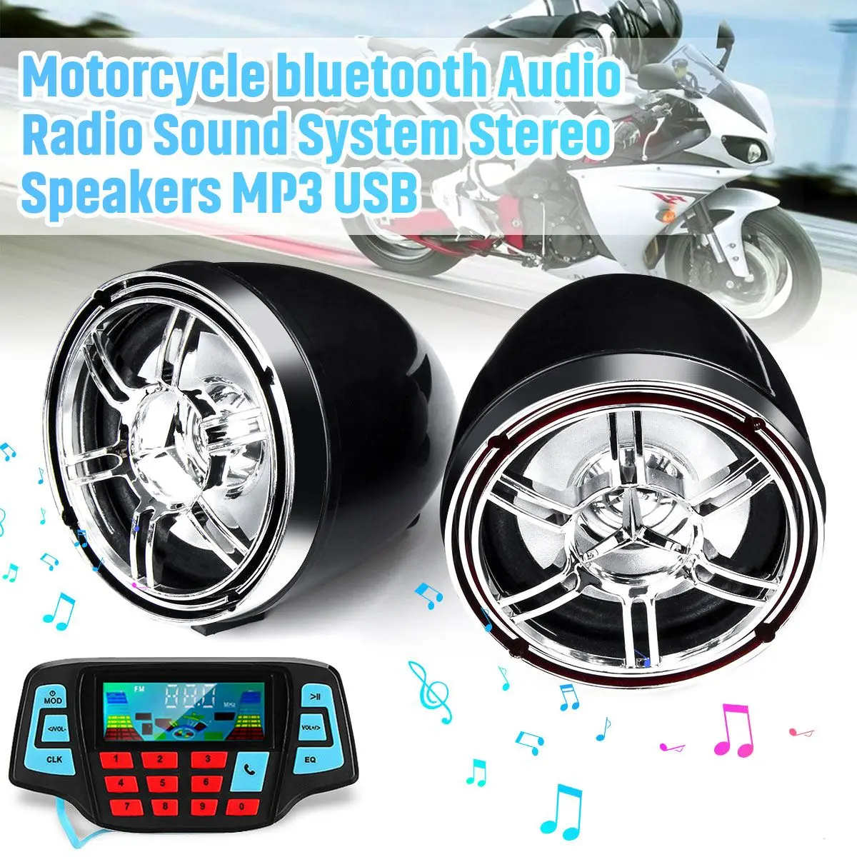 

Motorcycle Studio Audio Sound System Stereo Speakers FM Radio MP3 Music Player Scooter ATV Remote Control Alarm Speaker Scooter