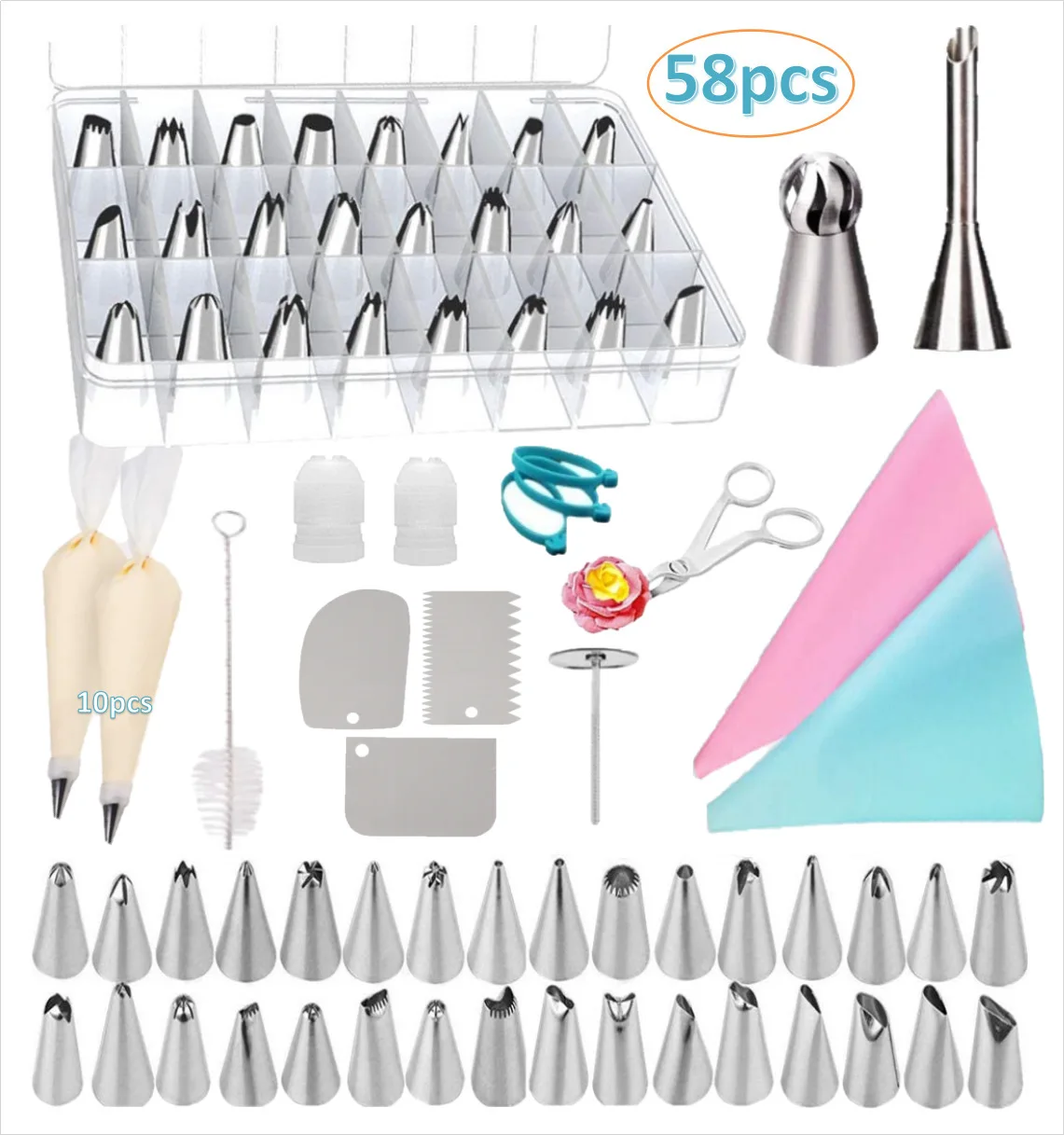 

58pcs Box Fondant Cake Decorating Tools Turntable Torch Nozzle Silicone Icing Piping Cream Pastry Bag Scraper Baking Accessories