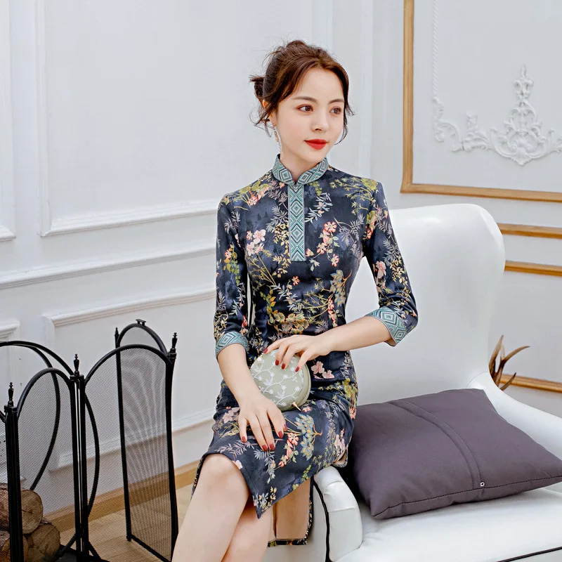 Высокого качества элегантная замшевая ткань Ципао китайский национальный стиль