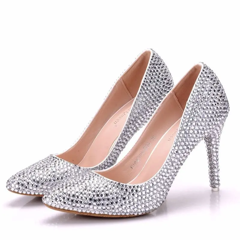 Sexy Pumps Wedding Women Fetish Shoes women pumps Party banquet PU Rhinestones Slip On 9.5CM Thin High Heels Pointed Toe