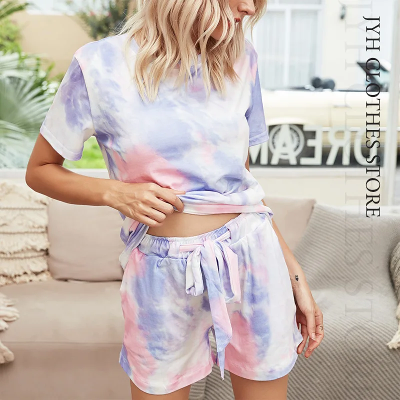 2022 Summer Tie Dye Gradient Pajamas Set Short-sleeved Women Loungewear Lounge Wear Women Printed Homewear 2 piece Sleepwear