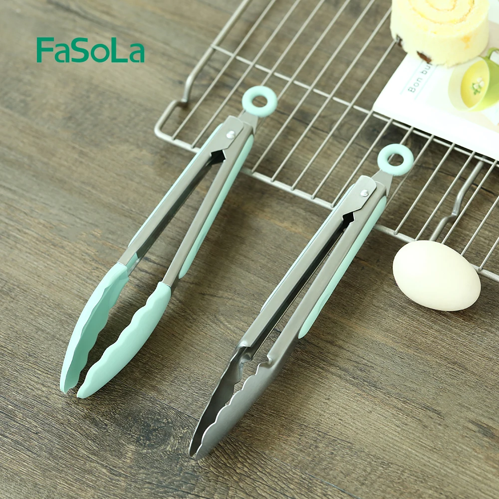 FaSoLa Locking Metal Food Tongs Stainless Steel Silicone Kitchen Food Tongs Cooking Tweezers BBQ Tongs Kitchen Clips