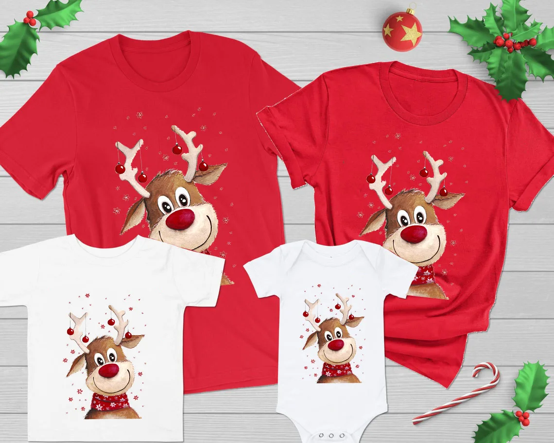 

Family Matching Clothes Christmas Deer Print Graphic Daddy Mommy Kids T-shirt Baby Romper Bodysuit Outfits Xmas Party Tee Gift