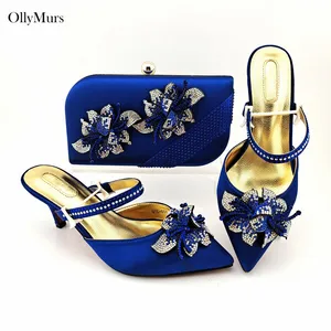 Top Selling African Dark Blue Color Woman Shoes And Bag Set Nigerian Rhinestone Pumps 7CM Shoes And Bag Set For Party Dress