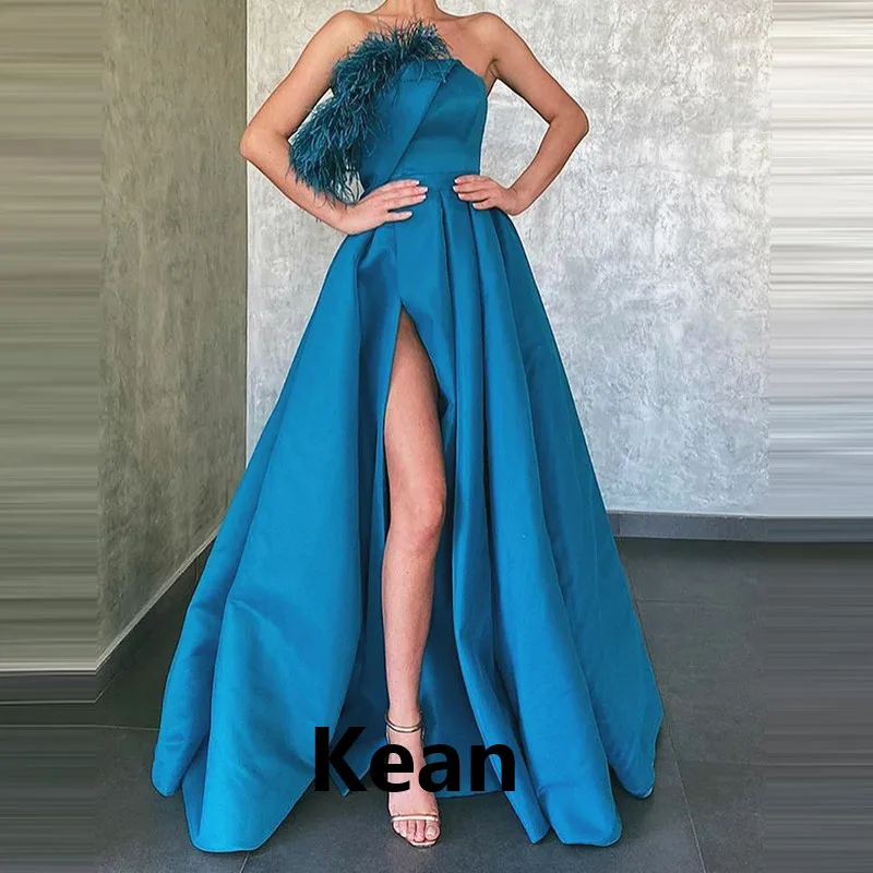 

Blue Satin Slit Evening Dress Strapless Feather Special Occasion robe soiree Islamic Dubai Kaftan Saudi Arabic Prom