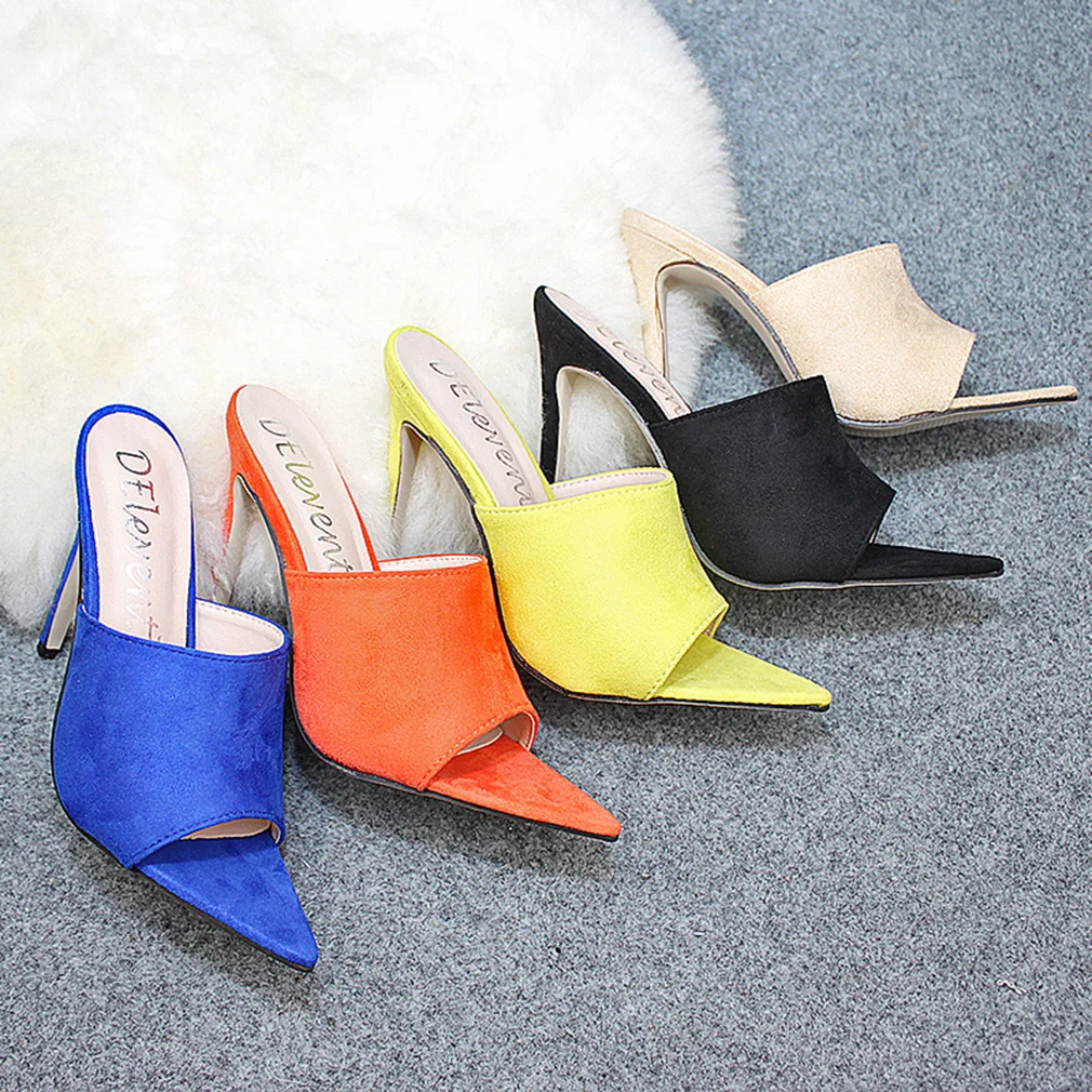 

Pointed Toe High Heel Slippers Sandals Woman Shoes Candy Orange Blue Green Nude Blc women shoes sandalias mujer 2021 feminina