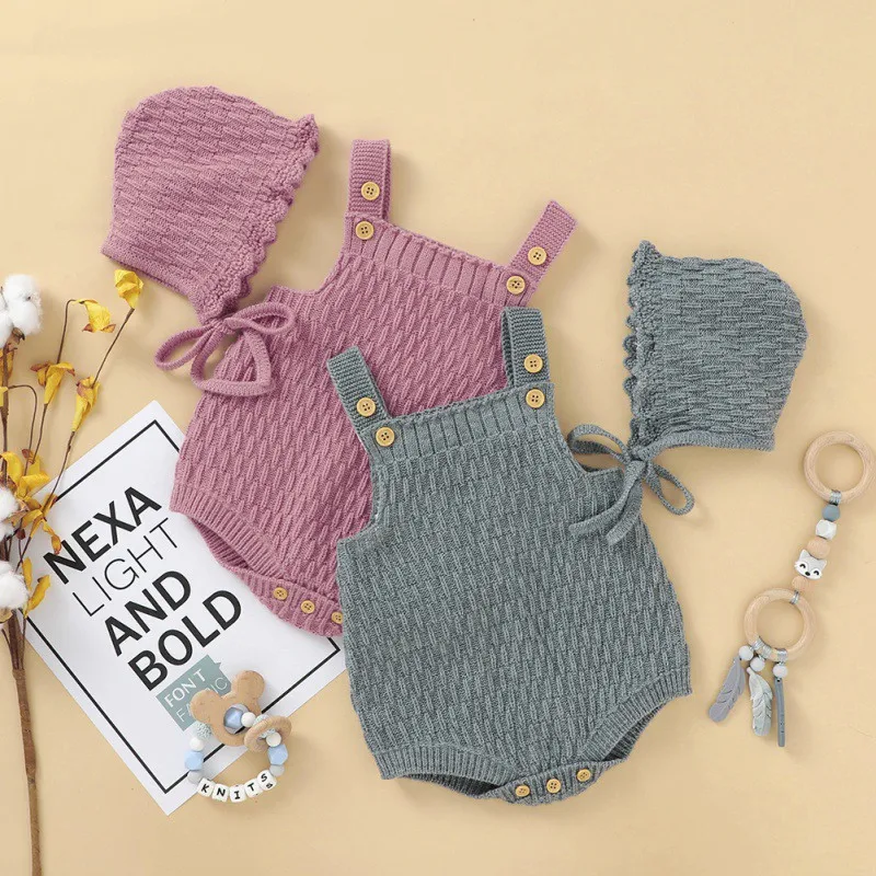 

Baby Boys Girls Bodysuit 2020 Autumn New Arrive Infant Sleeveless Solid Color Rompers Knitted Jumpsuit+Hat Kids Outfits