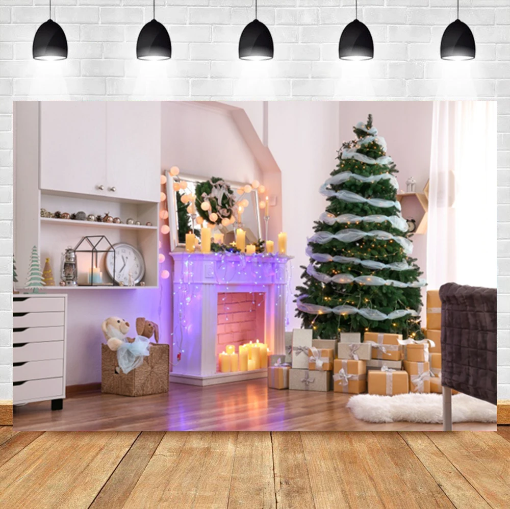 

Laeacco Christmas Tree Fashion Modern Interior Fireplace Gift Floor Baby Birthday Backdrop Photographic Photo Background