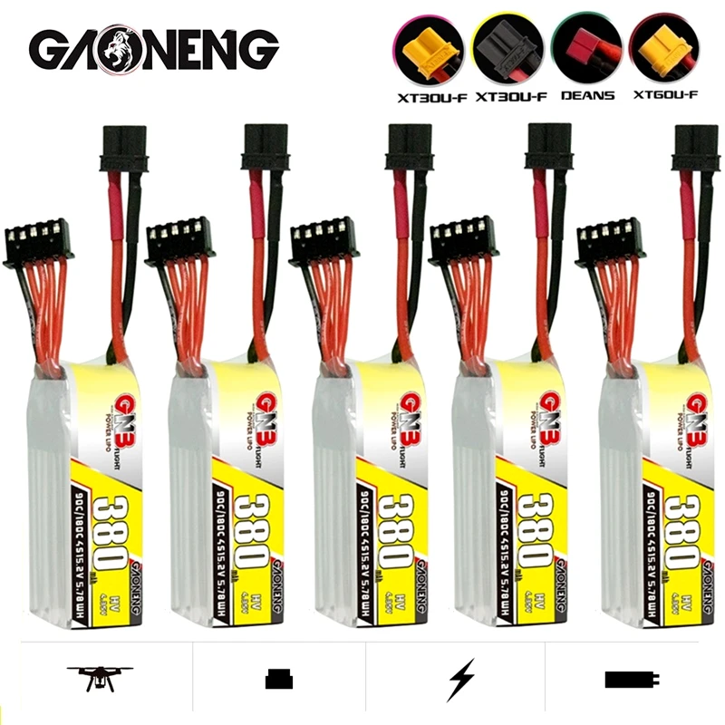 

5PCS/Set GNB 4S HV Lipo Battery 15.2V 380mAh 90C/180C XT30U-F/XT60U-F Plug For FPV RC Drone Whoop Quadcopter Racing Drone Parts