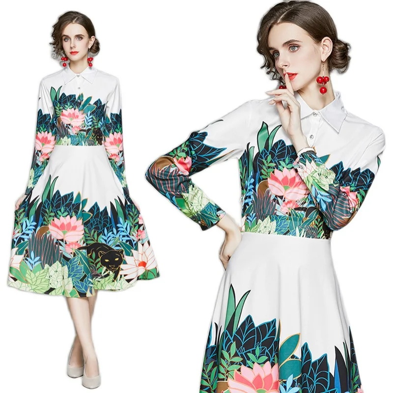 

New Elegant Vintage Women Flower Print Slim Tunic Midi Dress Evening Party Clothing Lady Long Sleeve Dresses