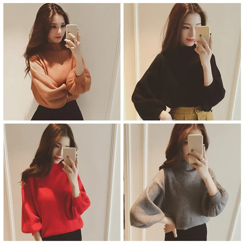 

Autumn Women Sweaters Jumper Pullover Solid Tops Casual Long Lantern Sleeve Loose Knitted Turtleneck Sweater Female