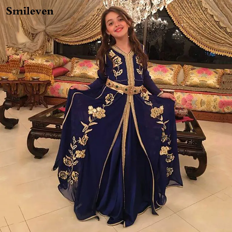 Темно-синее шифоновое платье Smileven для девочек вечернее платье-кафтан с длинным