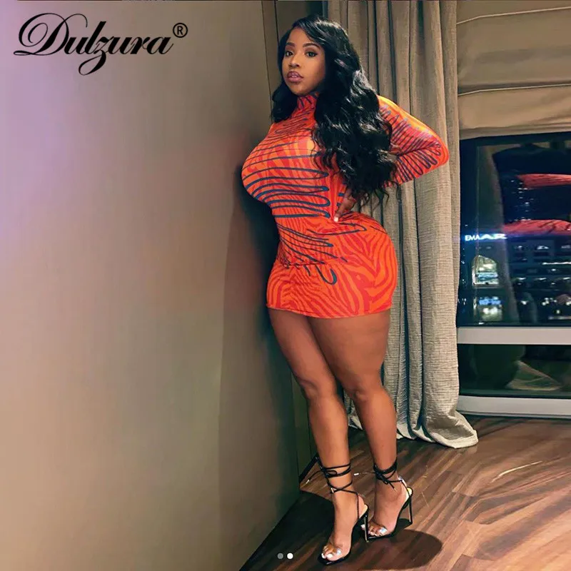 Dulzura zebra print women mini dress long sleeve bodycon sexy streetwear 2019 autumn winter party clothes clubwear outfit neon | Женская