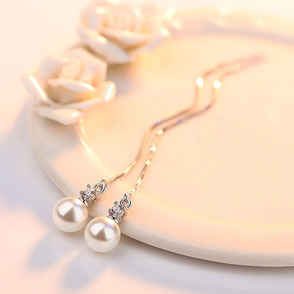 

Simulated Pearl Jewelry Long Drop Rhinestone Tassel Dangle Earrings Brincos Sliver Color Hanging Chain Dangle Earrings