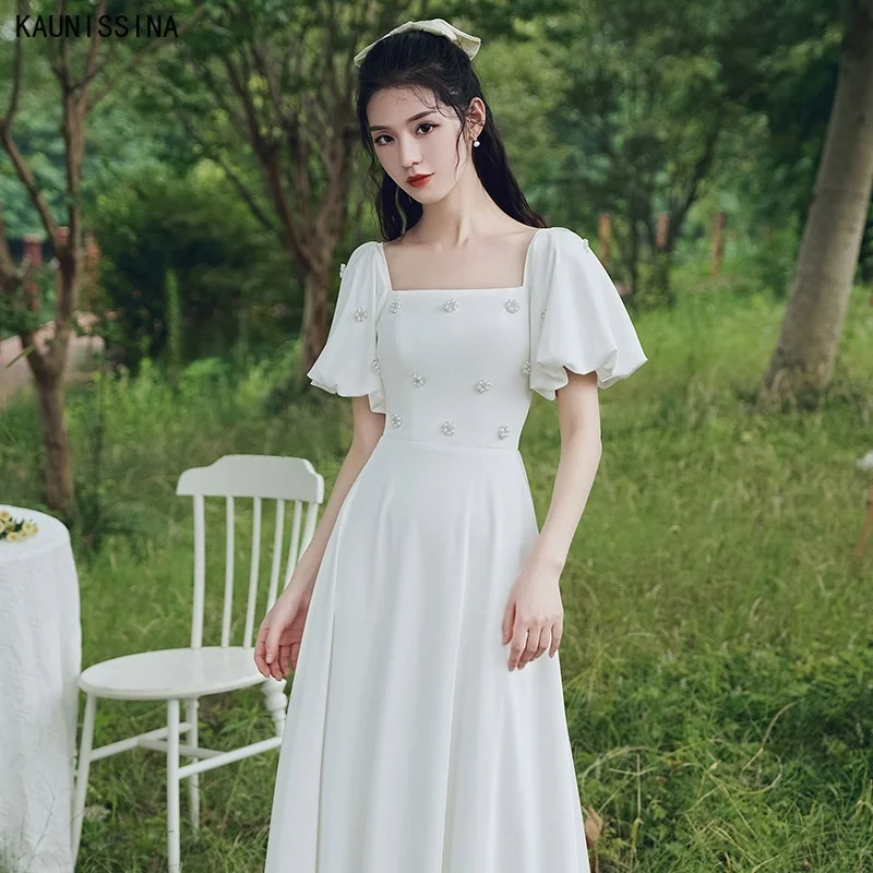 

KAUNISSINA Square Collar Vintage Wedding Dress Short Sleeve A Line Simple Bridal Gowns Vestido De Noiva Long Bride White Dresses