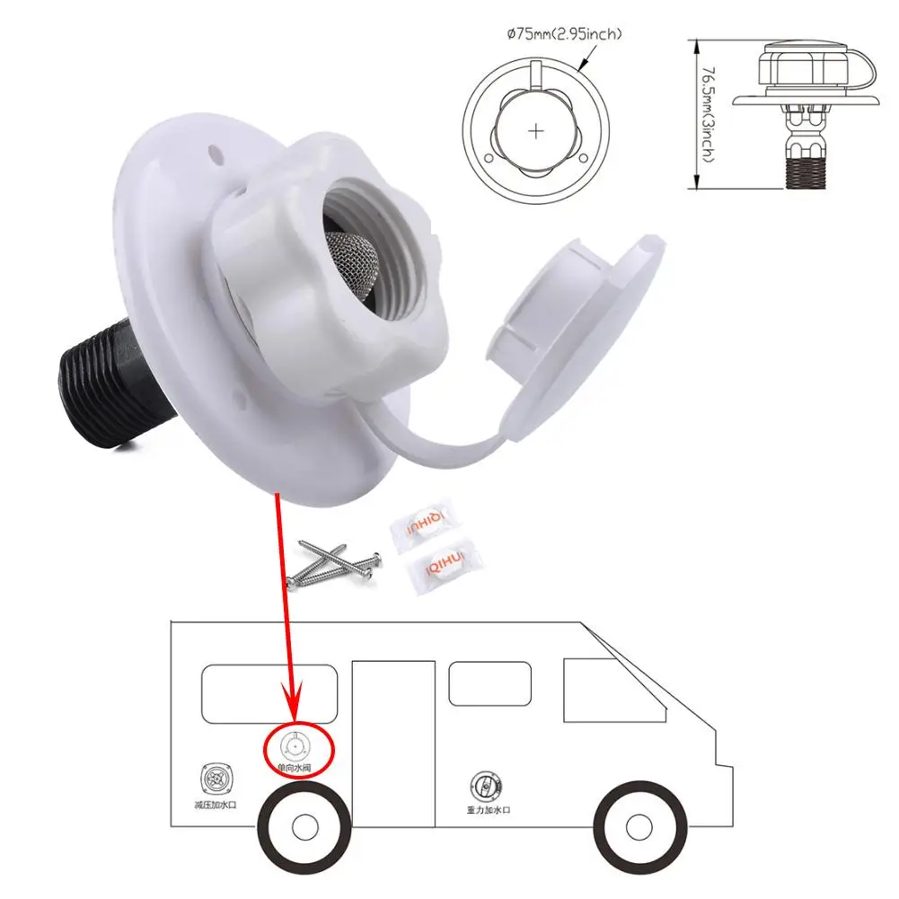 

RV Fill Water Inlet Flange 2 3/4" Check Valve for RV Trailer 19 mm Filling port one-way water valve