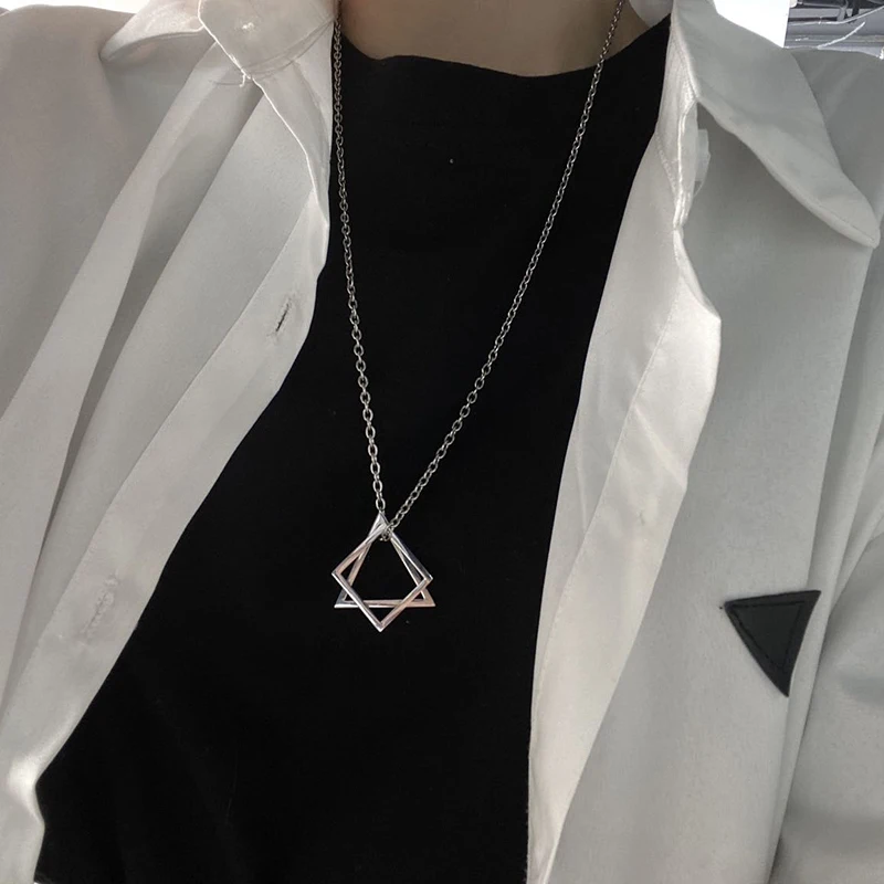 

POPULAR INTERLOCKING SQUARE TRIANGLE MALE PENDANT FOR MEN STAINLESS STEEL MODERN TRENDY GEOMETRIC STACKING STREETWEAR NECKLACE