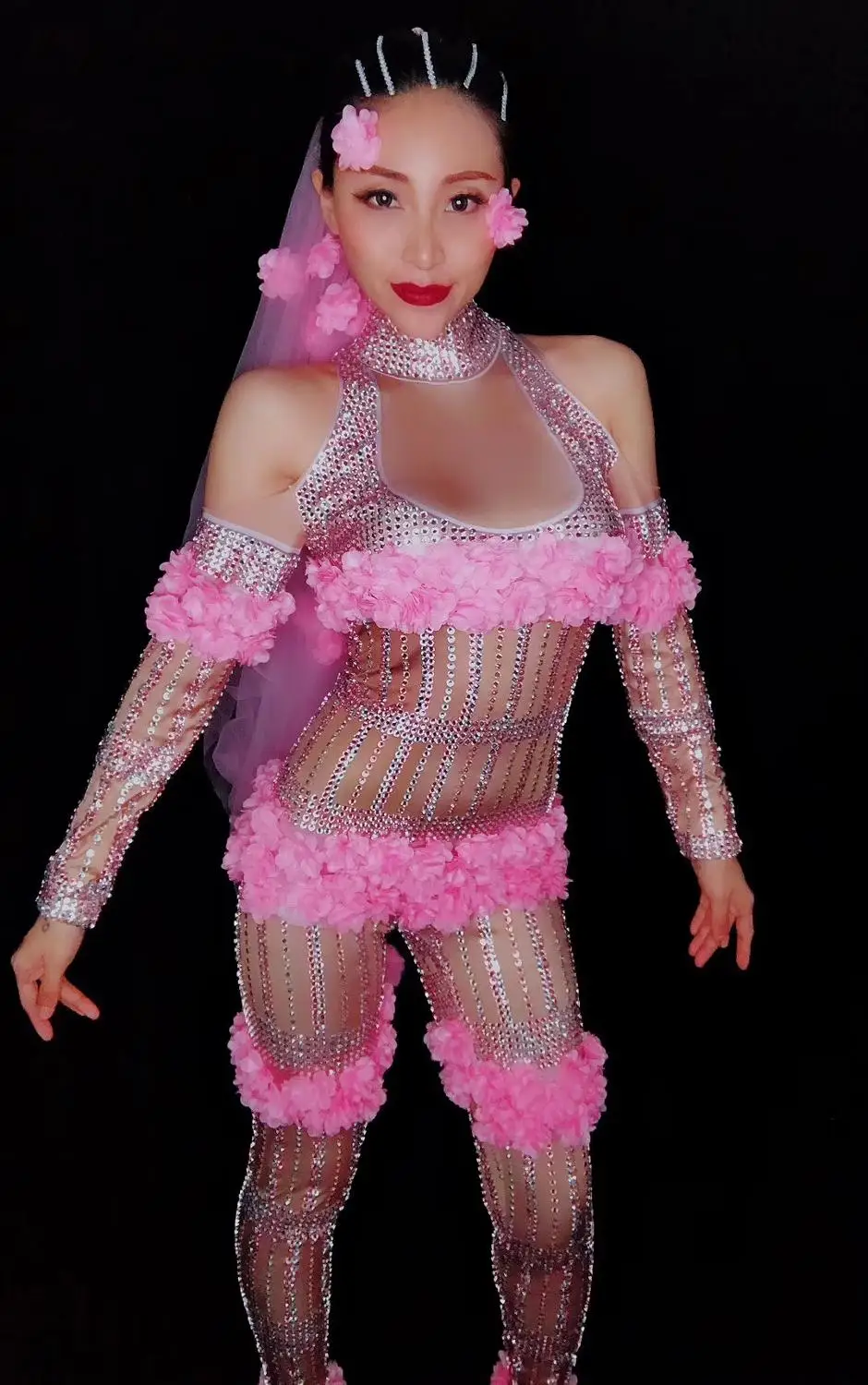 

Fashion Pink Flowers Jumpsuit Rhinestones One Piece Big Stretch Costume Women's Birthday Outfit Stage Singer Dance Show Wear