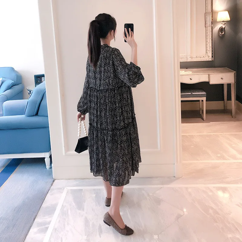 

Black Printed Chiffon Maternity Dress 2020 Autumn Spring Fashion Clothes for Pregnant Women OL Pregnancy Party Dress