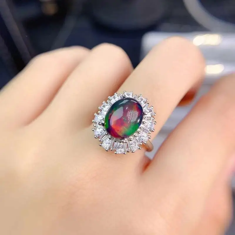 

Big Size9*11mm Natural Black Anustralian Opal with Beacutiful Color for Girl 925 Sterling Silver Rings