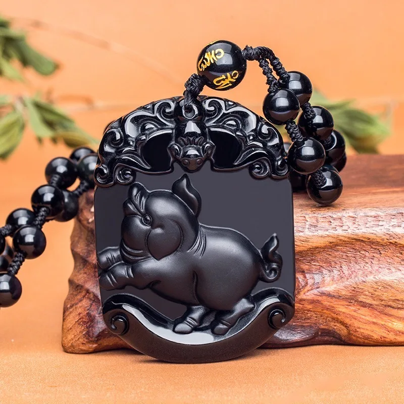 

Natural Black Obsidian Zodiac Pig Jade Pendant Necklace Chinese Hand-Carved Fashion Jewelry Amulet Accessories for Men Women