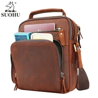 suohu leather mens fashion briefcase cross body bag crazy horse leather manufacturer logo custom retro shoulder bag
