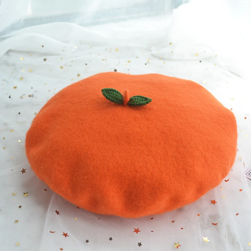 

Orange Beret with Cute Green Leaves Kawaii Lolita Girl Fruit Hat Handmade Wool Cap Women Spring Autumn Winter Beanies