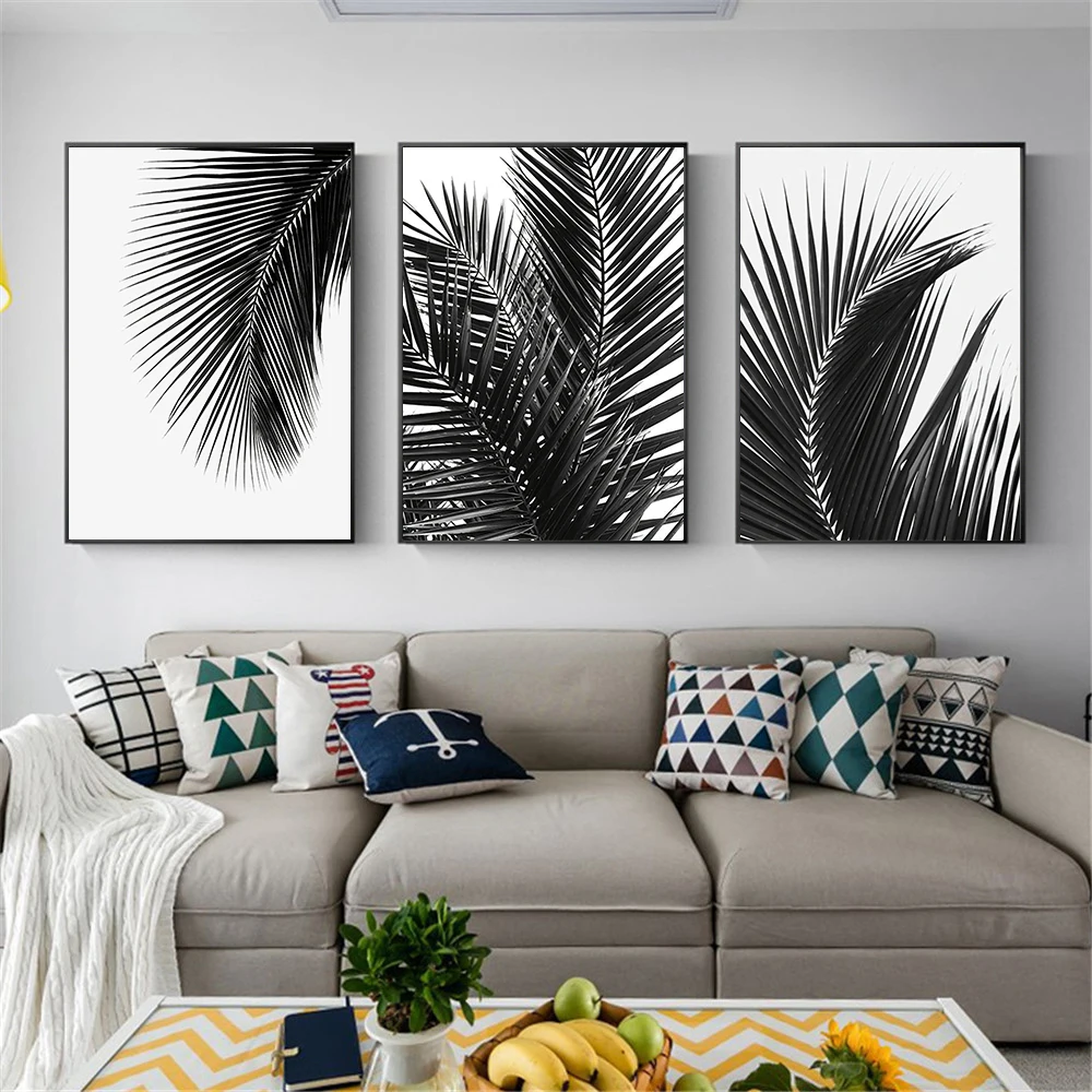 Черно-белые листья пальмы холст плакаты и принты Минималистичная живопись