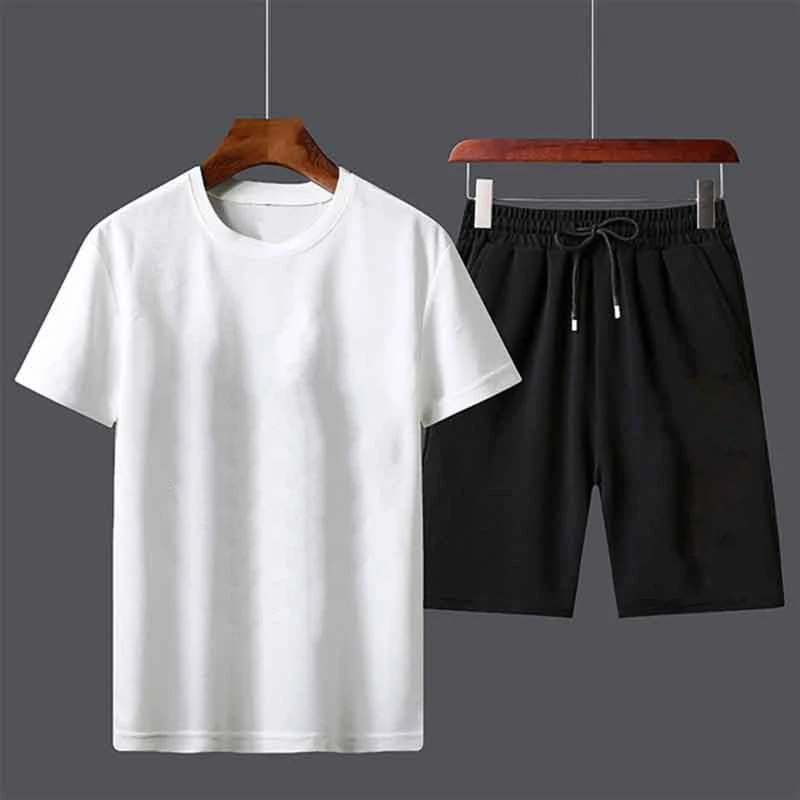 Summer 2021 Cotton Men's Sports Suit Casual Sportswear Loose Short Sleeve Shorts Two Piece Running Suit