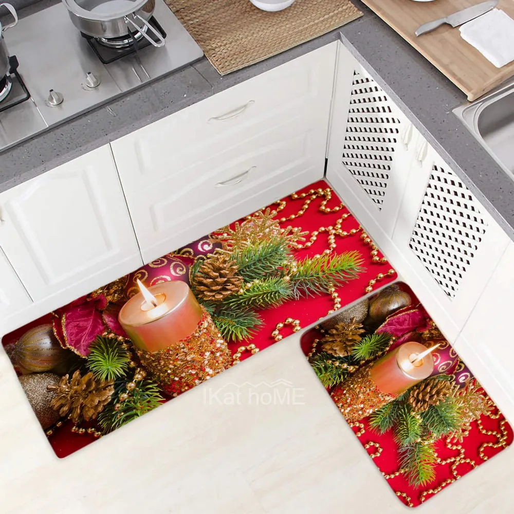 

Christmas Candle Decoration Kitchen Mat Non-Slip Bedside Carpet Indoor Outdoor Bedroom Bath Floor Rugs Entrance Doormat Cozinha