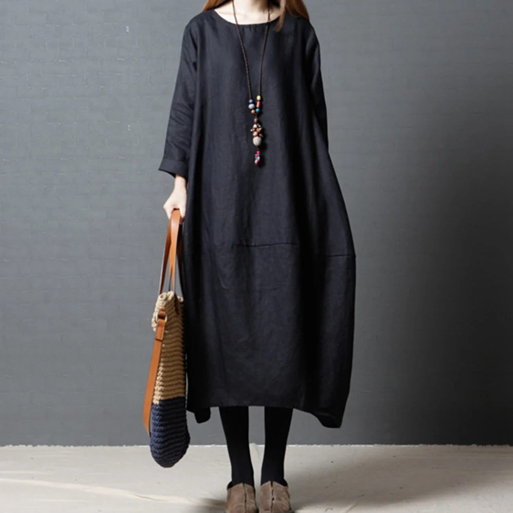 Хлопковые льняные миди платья в японском стиле свободного размера плюс
