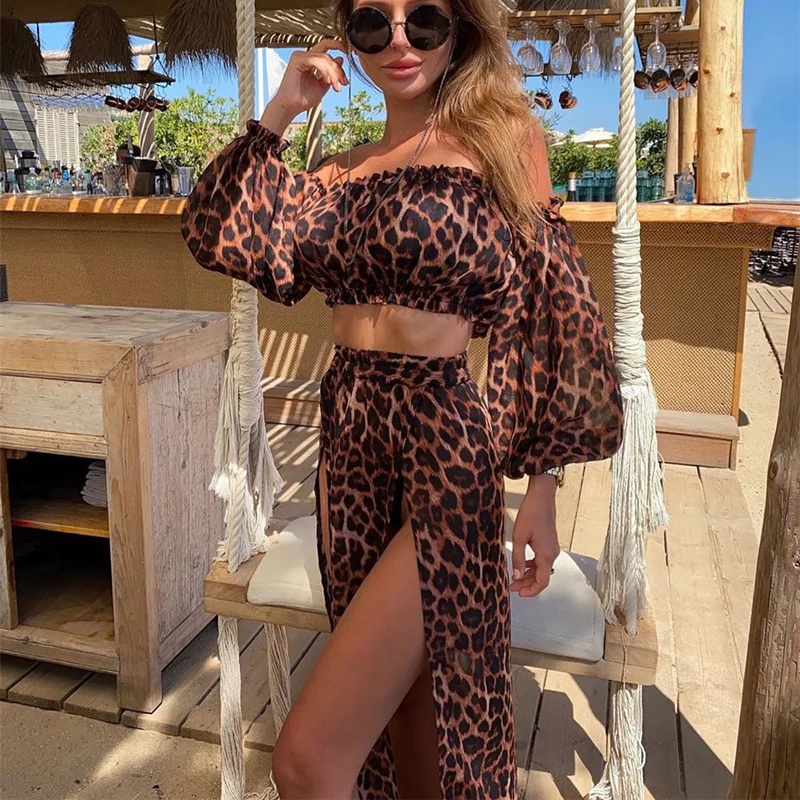 

Women Mesh Sheer Bikini Cover-ups Set See-through Long Sleeve Crop Tops and Cover Up Skirts Two Piece Swimwear Beach Dresses