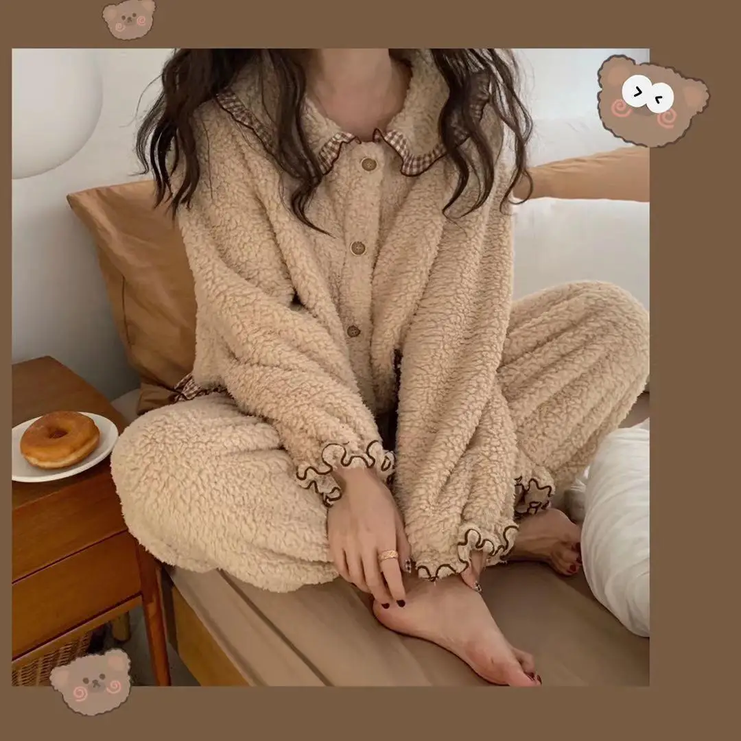 Autumn and Winter New Plaid Pajamas Women's Winter Thickening Can Wear Lovely Kawaii Long Sleeve Home Clothes Suit