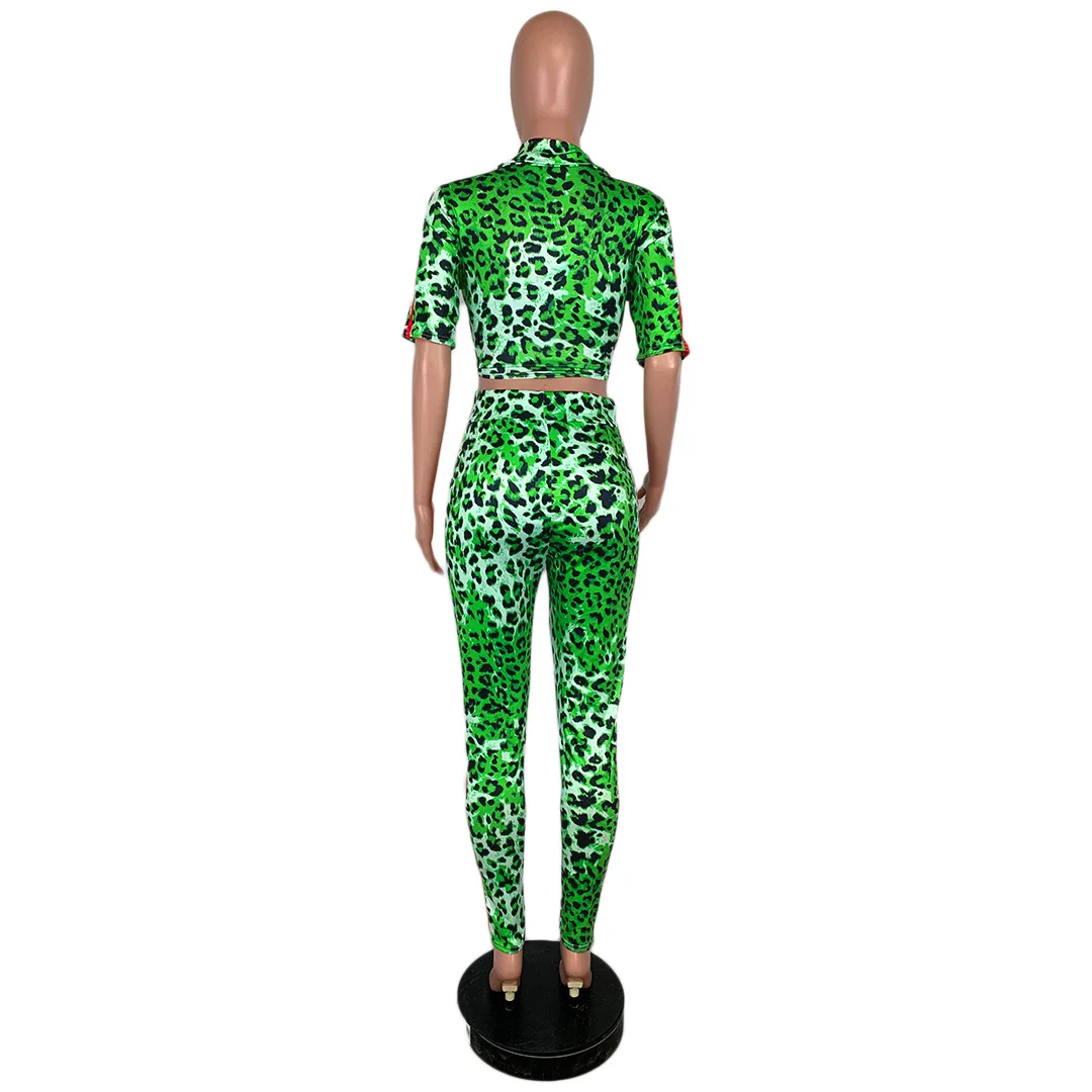 

Sexy Leopard Print 2 Piece Set Bandage Half Sleeve Crop Top+Side Striped Pants Suit Streetwear Club Outfits Matching Set