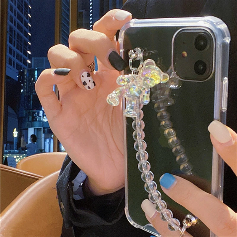 

2021 new Colorful Transparent Resin Cat Bow Love Phone Chains Irregular Geometric Animal Detachable Beaded Short Chain for Women