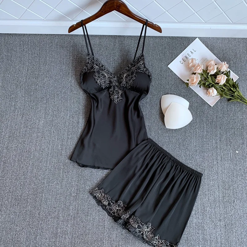 

Sexy 2PCS Strap Top&Shorts Sleepwear Satin Lady Pajamas Nightwear Pyjamas Nightgown Silky Intimate Lingerie Casual Home Clothes