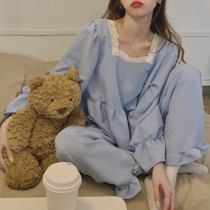 

Blue Pajamas Two Piece Set Women's Collar Lace Long Sleeve Top Autumn Casual Pants Home Clothes Set