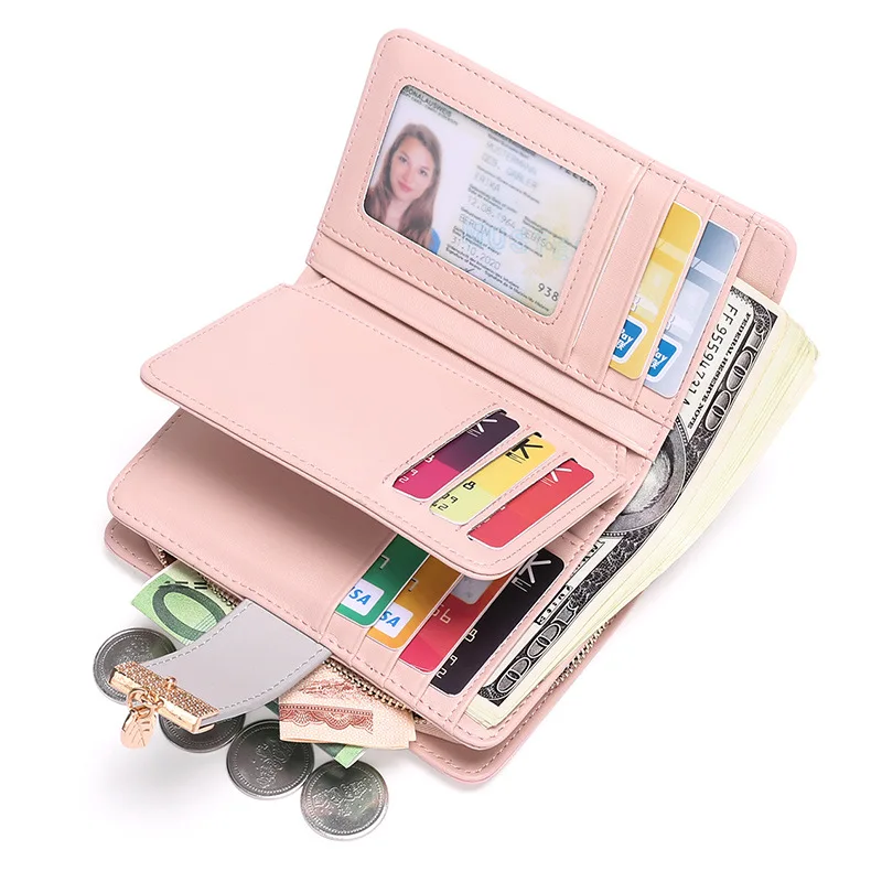 

Leather Short Wallet Ladies 2021 New Korean Version of High-end Folding Color Matching Cowhide Coin Purse for Ladies