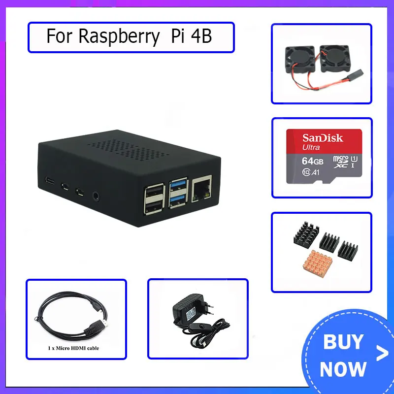 Raspberry Pi 4 Model B ABS чехол с двумя вентиляторами + карта 64 ГБ радиатор HDMI 5 В 3 А питание