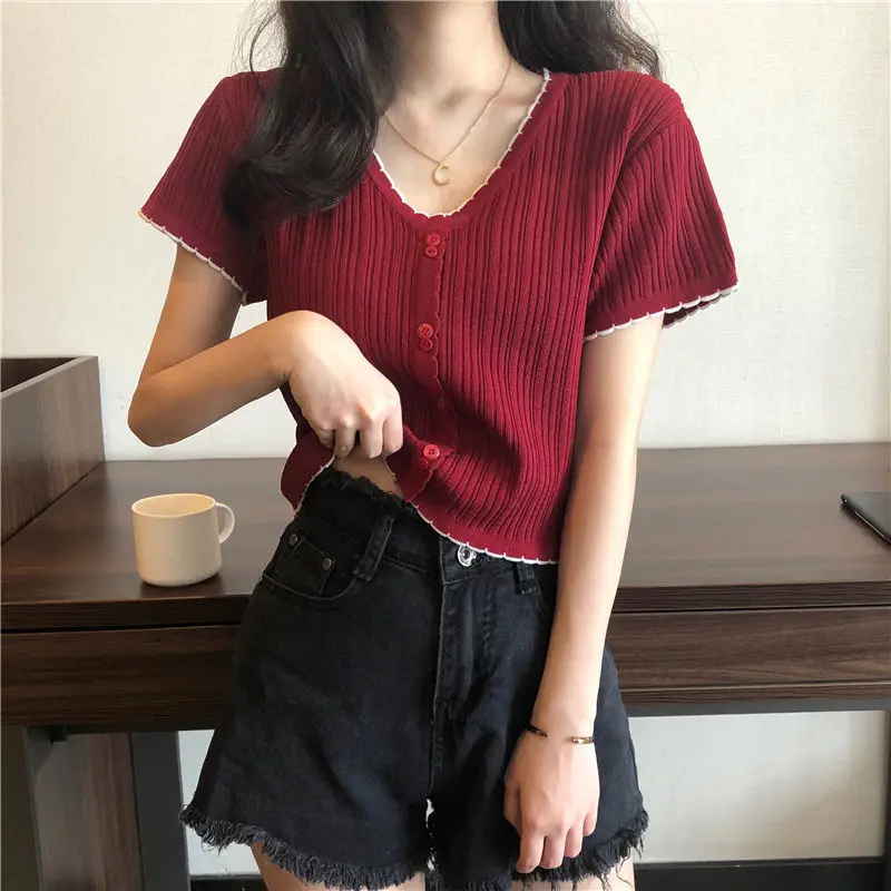 

Summer new T-shirt girl student ice silk short sleeve V-neck top slim slim high waist short fashion fashion
