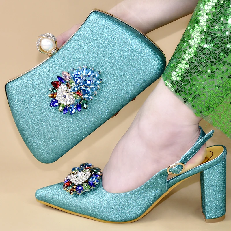 

Latest Style Very Nice Teal Italian Shoes With Matching Bag With Crystal High Quality Italy Shoe And Bag set For party